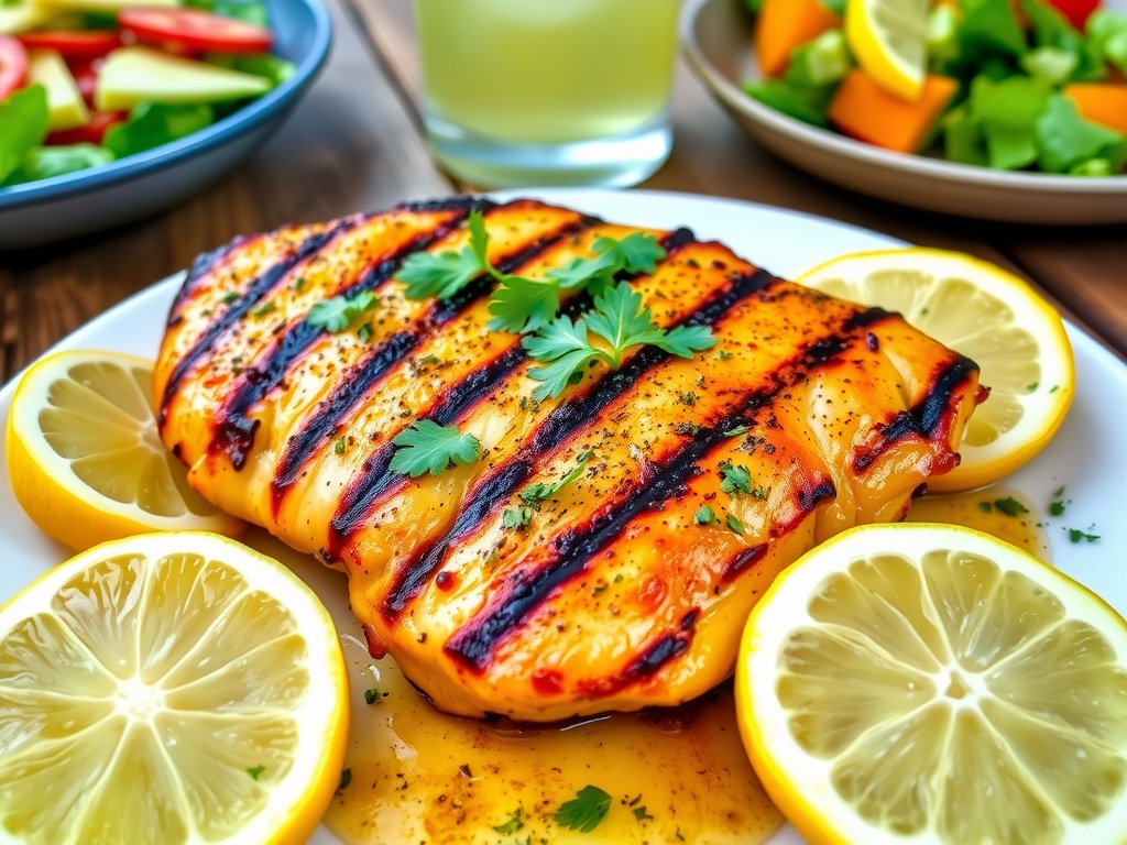Lemon Pepper Grilled Chicken Recipe Grilled lemon pepper chicken breast garnished with parsley and lemon wedges on a rustic table.